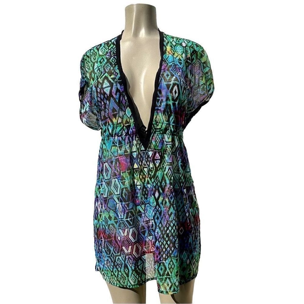 Profile Size Medium Purple Blue Abstract Print Semi-Sheer Boho Cover-Up Dress